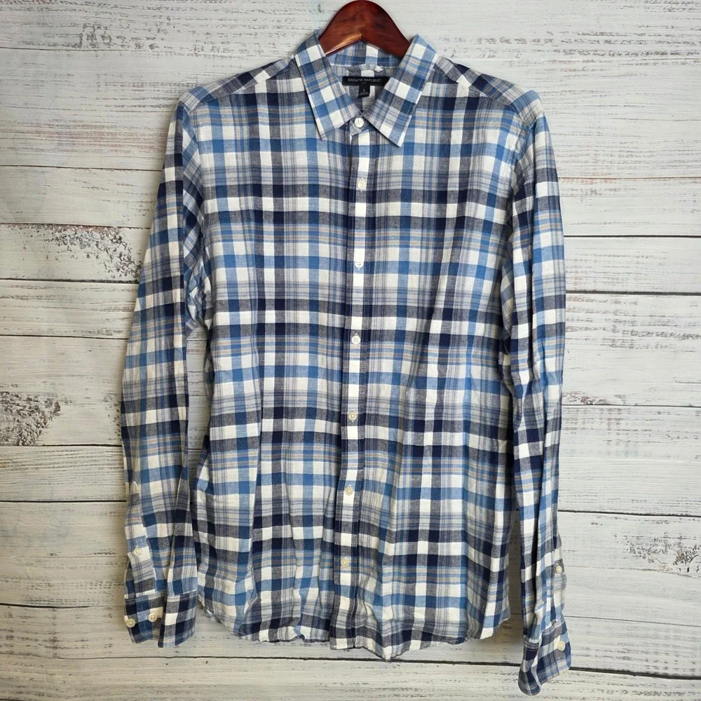Banana Republic Mens Large Blue Plaid Linen Cotton Long Sleeve Button Up Shirt